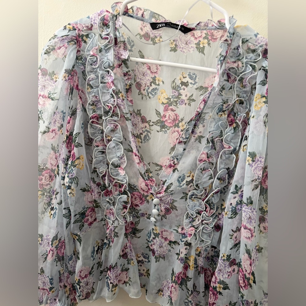 Zara Floral Ruffle Sheer Blouse - Picture 3 of 7